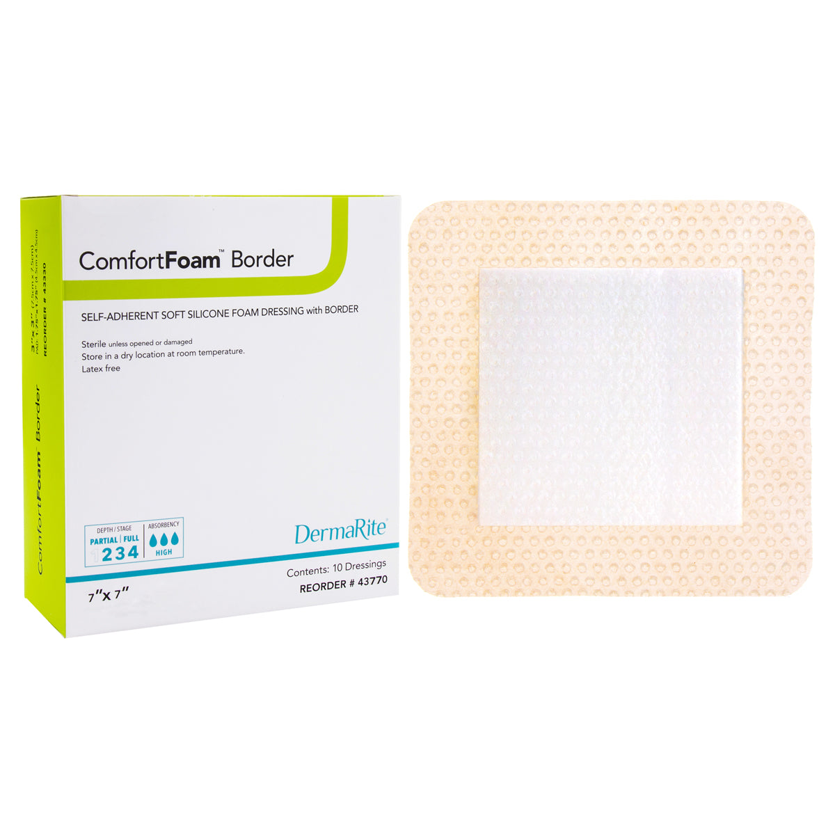 Dermarite ComfortFoam Border Foam Wound Dressing with Soft Silicone Adhesive, 7 x 7 inches