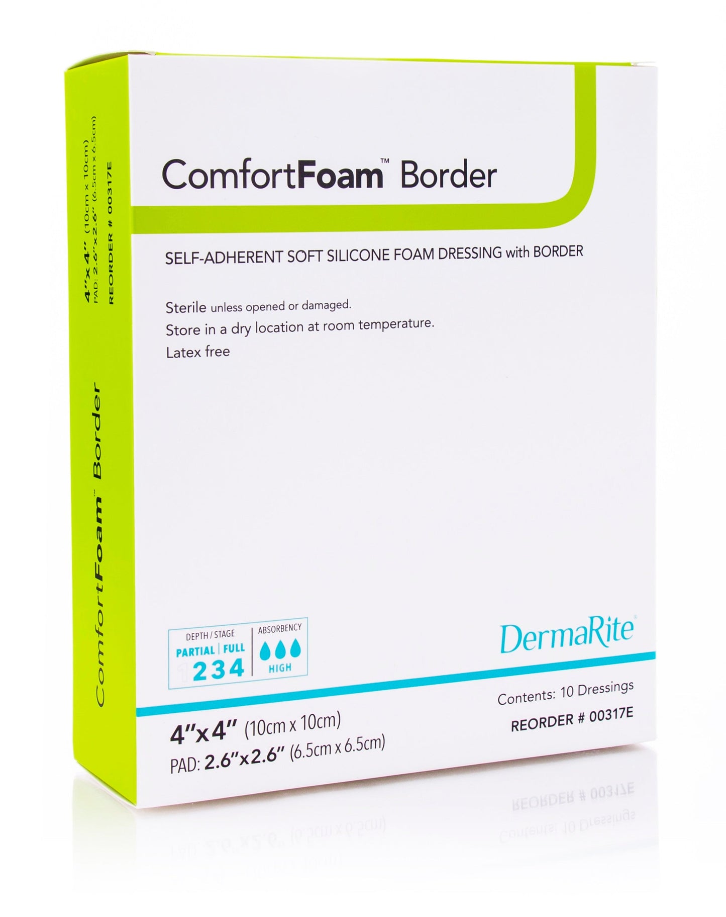 Dermarite ComfortFoam Border Foam Wound Dressing with Soft Silicone Adhesive, 4 x 4 Inches (Box of 10) - Gentle, Secure, and Durable Foam Dressing for Wound Care
