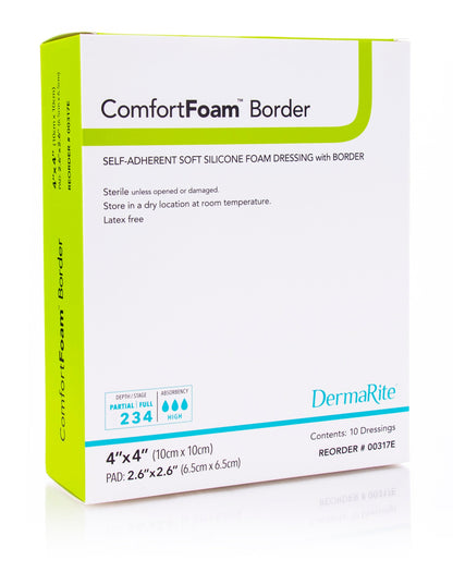 Dermarite ComfortFoam Border Foam Wound Dressing with Soft Silicone Adhesive, 4 x 4 Inches (Box of 10) - Gentle, Secure, and Durable Foam Dressing for Wound Care